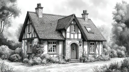 Cottage house design, wooded landscape, grayscale rendering