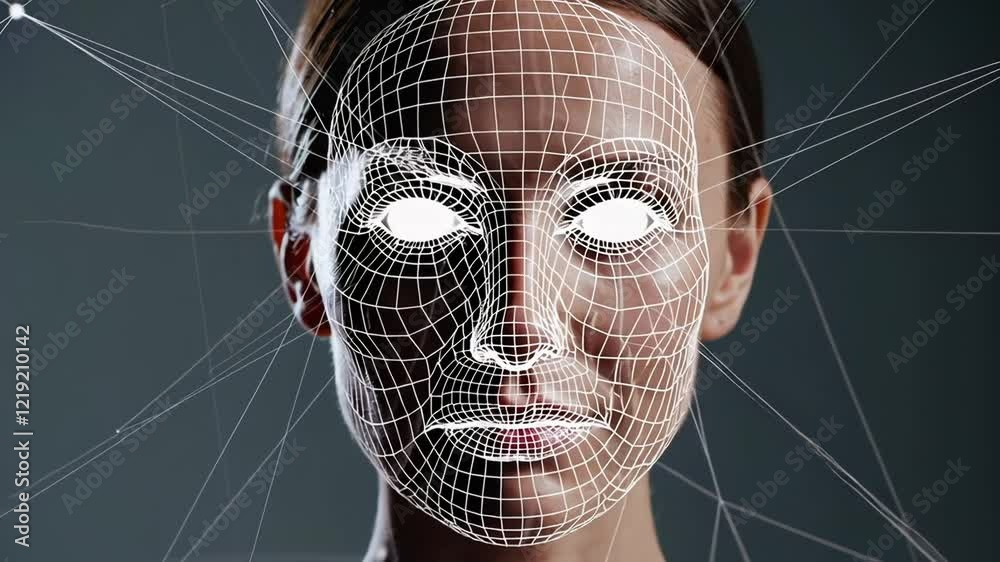 Leinwandbilder biometric facial recognition software analyzes a woman's face, creating a wireframe model and identi