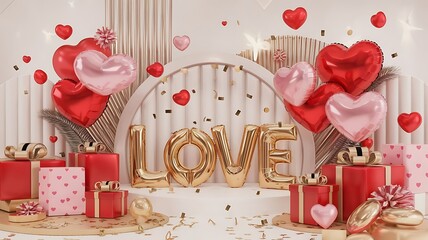 Valentine's Day setup, gold LOVE balloon letters, red and pink heart balloons, gift boxes, wooden backdrop, romantic decorations, festive atmosphere, celebration, party scene, love theme, metallic acc