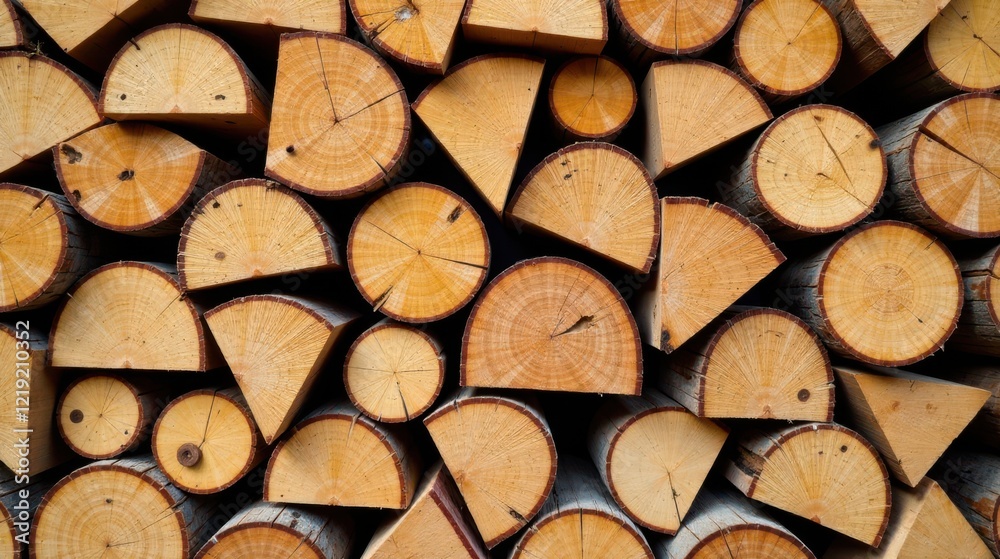 Poster stacked wooden rounds, a natural texture of circular and triangular shapes, showing the detailed gra