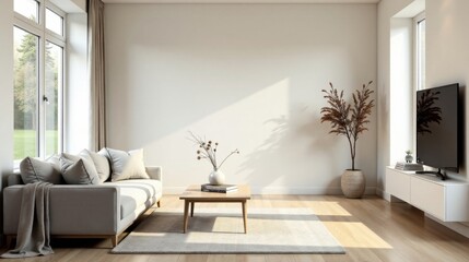 Serene Minimalist Living Room Interior Design with Neutral Tones and Abundant Natural Light Streaming Through Large Windows