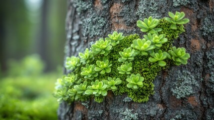Obraz premium Forest plants growing on tree trunk, moss, nature background, ecology