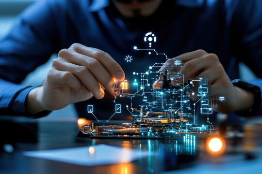 Hands Working on Futuristic Digital Circuit Board Innovative Technology Concept