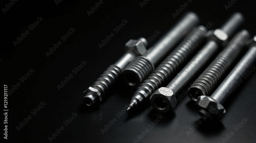 Poster close-up of metallic threaded fasteners arranged on a dark surface