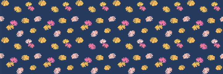 Colorful seamless pattern with abstract unique flowers. Minimalist ditsy floral printing. Summer plain ornament. Vector hand drawn.