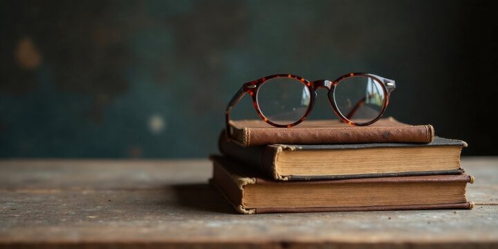 A stack of aged books rests on a rustic wooden surface, with a pair of tortoise-shell spectacles perched atop the highest volume, creating a scene of quiet contemplation and scholarly pursuits.