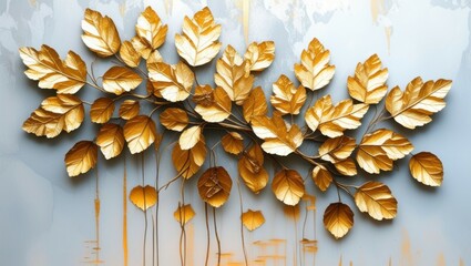 Golden leaves arrangement, metallic foliage, botanical art, wall decor, shimmering gold, nature-inspired sculpture, textured background, 3D paper craft, elegant composition, autumn motif, minimalist d