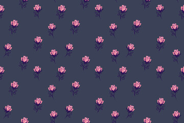 Seamless tiny floral pattern with abstract cute rose. Vector hand drawn sketch ditsy flowers print. Minimalist ornament for cover, fabric, surface designs, children textiles,