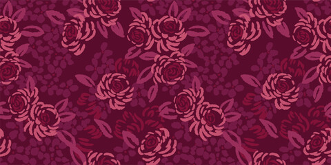 Blossoms seamless pattern with abstract, artistic shapes rose flowers, leaves, buds.  Vector hand drawn sketch. Burgundy floral brush ornament