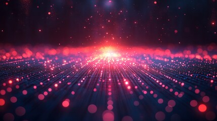 Obraz premium Red glowing particles, digital background, futuristic landscape, data visualization