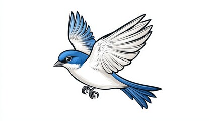 Obraz premium Vibrant Blue and White Bird in Flight with Detailed Feather Patterns Against a White Background