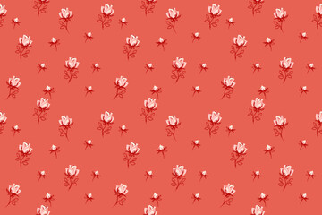 Seamless cute floral pattern with abstract tiny rose, buds on a orange background. Vector hand drawn sketch ditsy flowers print. Minimalist ornament for fabric, surface designs, children textiles,