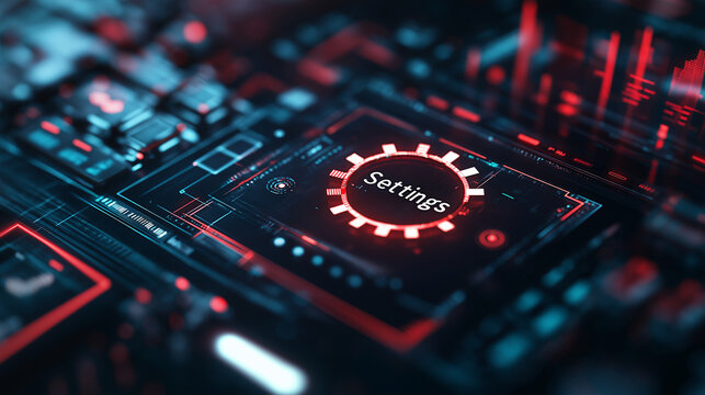 A futuristic interface showing a large central gear icon, surrounded by widgets and customizable graph panels, with "Settings" text glowing in the foreground.