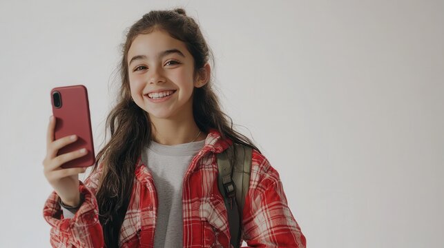 A teenage girl taking a selfie with a smartphone, smiling and enjoying herself, on a white isolated background