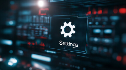 A stylish UI design where a gear icon hovers above a matrix of interactive data widgets, with "Settings" text subtly embossed in the interface.