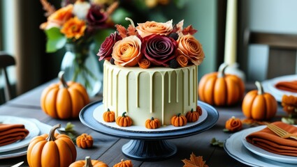 Autumn-themed cake, floral decorations, roses, buttercream frosting, small pumpkins, rustic setting, cake stand, moody lighting, fall colors, seasonal dessert, Thanksgiving table, cozy atmosphere, ele
