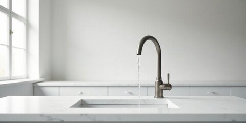 Modern kitchen faucet with water flowing into a pristine sink on a white countertop