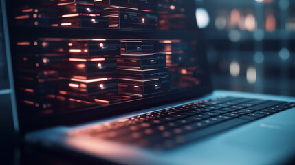 A high-tech representation of a laptop with animated file icons neatly stacked into virtual drawers, emphasizing seamless organization and retrieval.