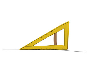big triangular ruler for math lessons, square, geometry, technical drawing one line color art. Continuous line drawing of online learning, school supplies, storage, office supplies, education.