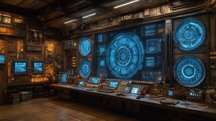 Futuristic control room with multiple screens and displays.