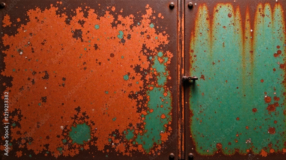 Poster a weathered metallic surface displays a captivating blend of rust-orange and verdigris-green hues, s