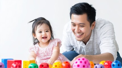 A smiling father playing with his daughter in the living room, on a white isolated background