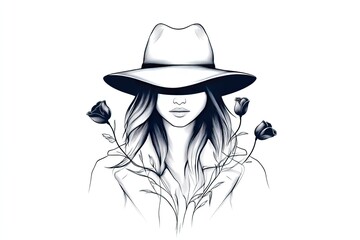 A beautifully designed sketch features a stylish woman wearing a wide-brimmed hat, with delicate roses emerging around her, ideal for coloring activities