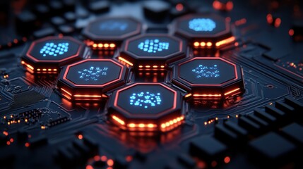 Futuristic hexagonal processors with glowing blue and red lights on a circuit board.