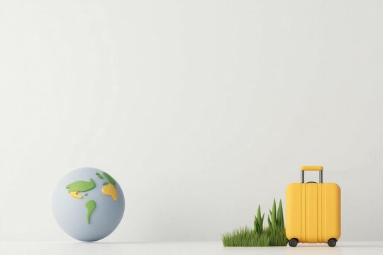 Yellow suitcase beside a globe on green grass, representing travel and environmental awareness in a minimalist design