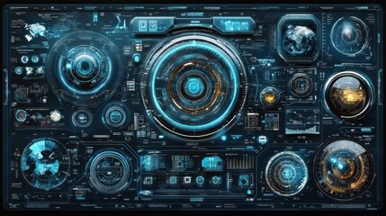 Futuristic digital interface with circular elements, data visualizations, and glowing blue and orange details.