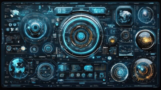 Futuristic digital interface with circular elements, data visualizations, and glowing blue and orange details.
