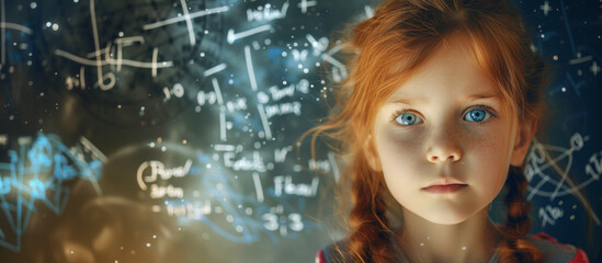 Schoolgirl looking up at glowing science and mathematics equations on a blackboard, with a dreamy expression of curiosity and wonder	