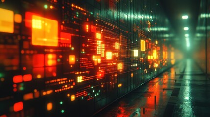 Futuristic server room with glowing lights and a dark hallway.