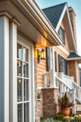 Captivating House Exterior: Brick Facade, Elegant Design, and Charming Porch. Discover the allure of refined home architecture and inviting outdoor spaces.