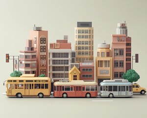 Obraz premium Low-poly city scene with buses and buildings.