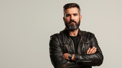 Obraz premium A man with a beard, wearing a leather jacket, standing with arms crossed and looking confidently, on a white isolated background