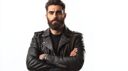 Fototapeta premium A man with a beard, wearing a leather jacket, standing with arms crossed and looking confidently, on a white isolated background