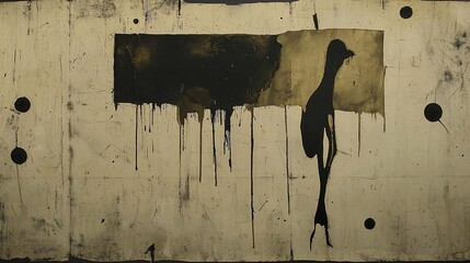 Abstract art painting of a bird-like figure with drips and splatters on textured background.