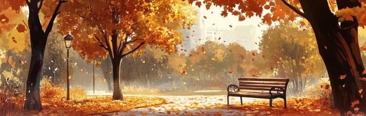 Autumn Park Bench Scene with Falling Leaves and Trees