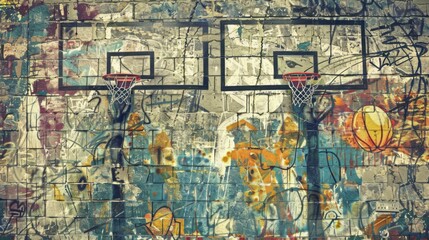 Fototapeta premium Urban Basketball Court Graffiti Art: A Vibrant Wall Mural Featuring Two Basketball Hoops Against a Background of Colorful Street Art