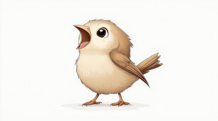 Cute cartoon bird with fluffy feathers singing joyfully on a white background