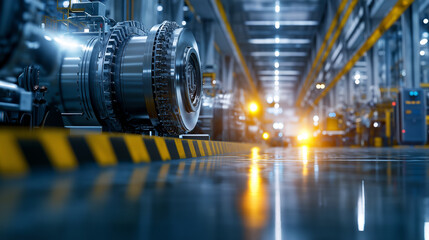 Fototapeta premium A brightly lit factory floor featuring a large shell-and-tube heat exchanger with vibrant safety markings and detailed structural components.