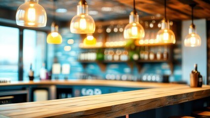 Bar counter, warm lighting, pendant lamps, blurred background, liquor bottles, cozy atmosphere, wood grain, depth of field, soft focus, inviting ambiance, restaurant interior, rustic decor, golden hou