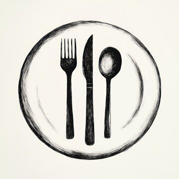 recommend clip art: Plate with fork, knife and spoon on white, a simple illustration, for dining menus