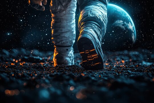 Astronaut walking on extraterrestrial surface with Earth in the background