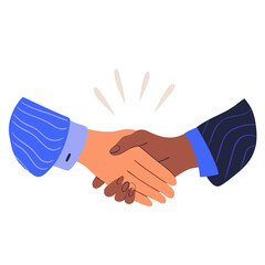 Two diverse hands shaking, symbolizing partnership and agreement, colorful illustration