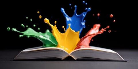 Naklejka premium Colorful Paint Splashes Emanating from Open Book on Black Background