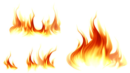 Set of bright and dynamic fire flames, cut out