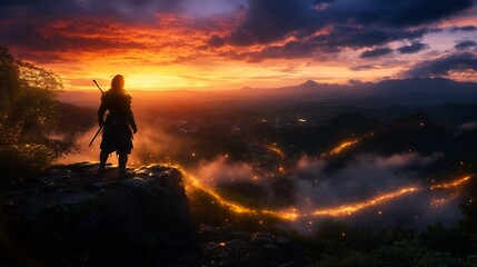 Obraz premium Warrior's Sunset Vigil: A lone figure stands on a cliff overlooking a breathtaking sunset over a valley illuminated by city lights, a scene of serene power and mystery.