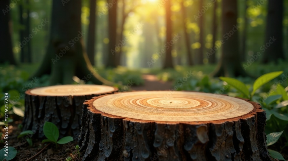 Poster sunlit tree stumps in a verdant forest setting, providing a natural and serene background